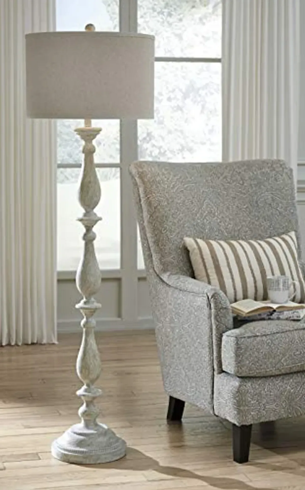 Signature Design by Ashley Bernadate Cottage 61" Candlestick Design Floor Lamp, Whitewash, Taupe