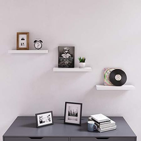 SONGMICS Floating Shelf, Wall Shelf 15.7 Inches, with Metal Bracket for Easy Installation, Display Trinkets, Picture Frames, Potted Plants, in The Living Room, Entryway, Bedroom, White ULWS14WT