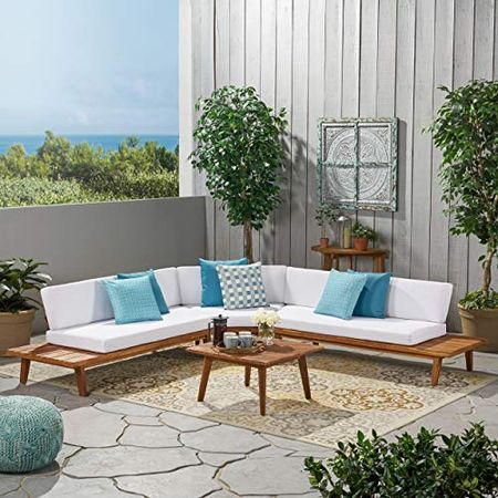 Christopher Knight Home Highpoint Outdoor V-Shaped Acacia Wood Sectional Sofa Set with Water Resistant Cushions, 4-Pcs Set, Sandblast Finish / White