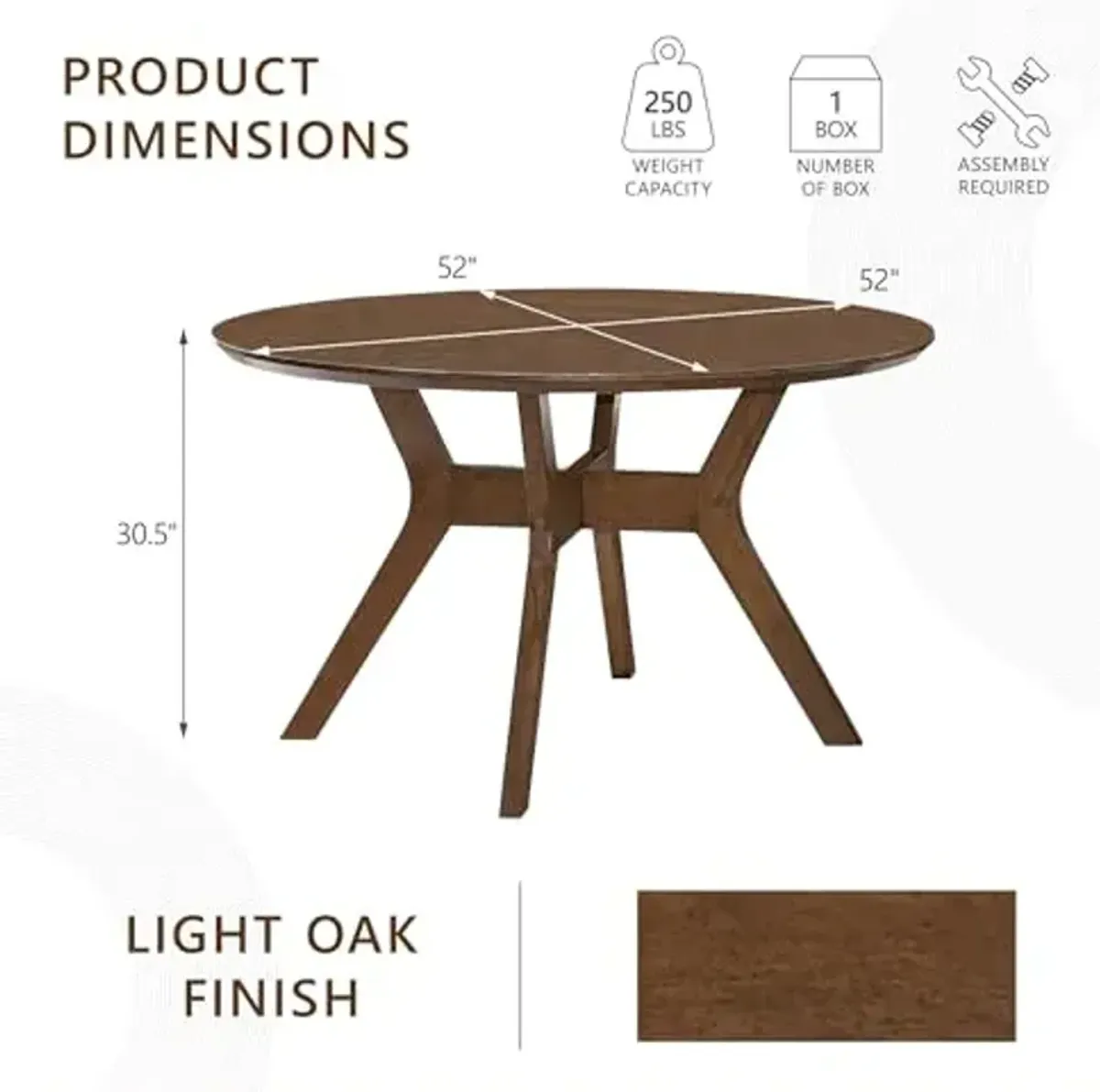 Homelegance Edam 52" Dia. Round Dining Table, Solid Wood Frame Mindy Veneer, X-Base Design, Kitchen Table for 4 People, for Dining Room, Kitchen, Easy Assemble, Light Oak