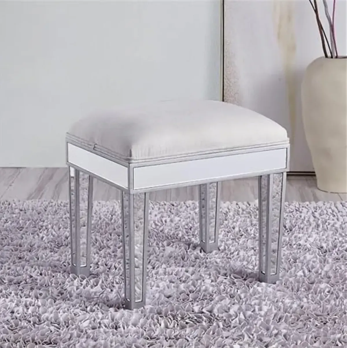 Elegant Decor Upholstered Dressing Stool in Antique Silver with Mirror Panels