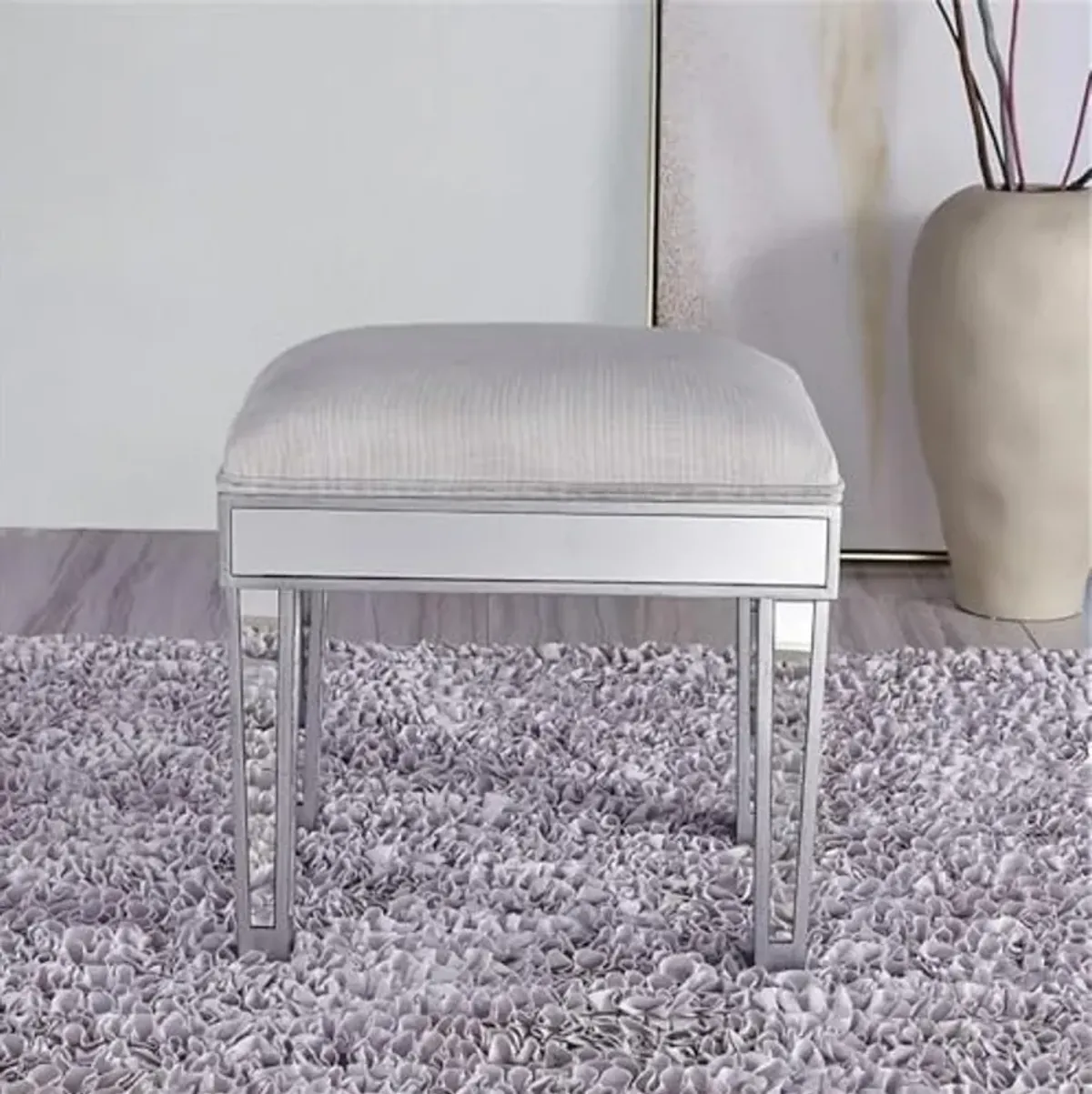 Elegant Decor Upholstered Dressing Stool in Antique Silver with Mirror Panels