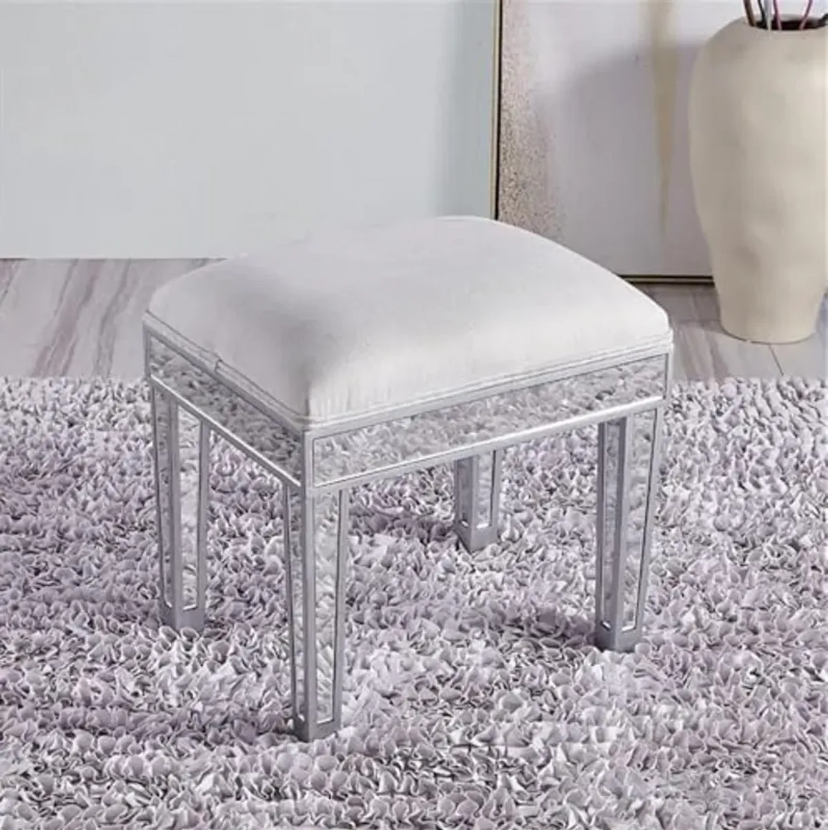 Elegant Decor Upholstered Dressing Stool in Antique Silver with Mirror Panels