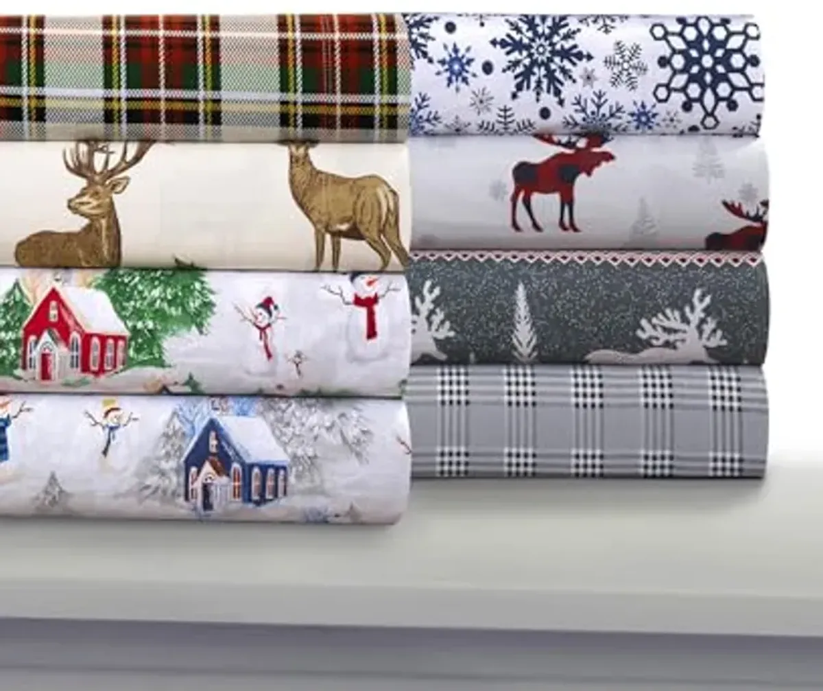 Tribeca Living 100% Cotton Flannel Sheet Set - Deep Pocket, 170-GSM, Ultra Soft & Cozy Bedding for Winter, Twin, Winter Reindeer