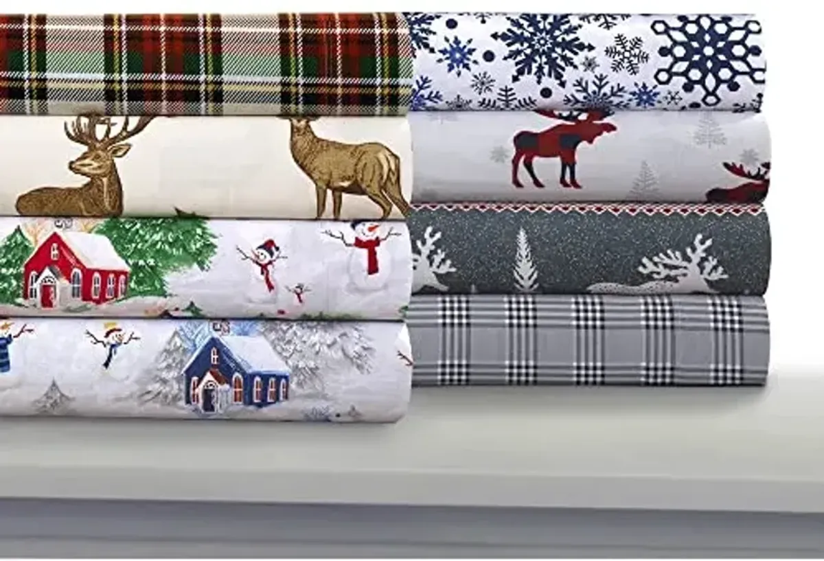 Tribeca Living 100% Cotton Flannel Sheet Set - Deep Pocket, 170-GSM, Ultra Soft & Cozy Bedding for Winter, Full, Snowman Navy/Red