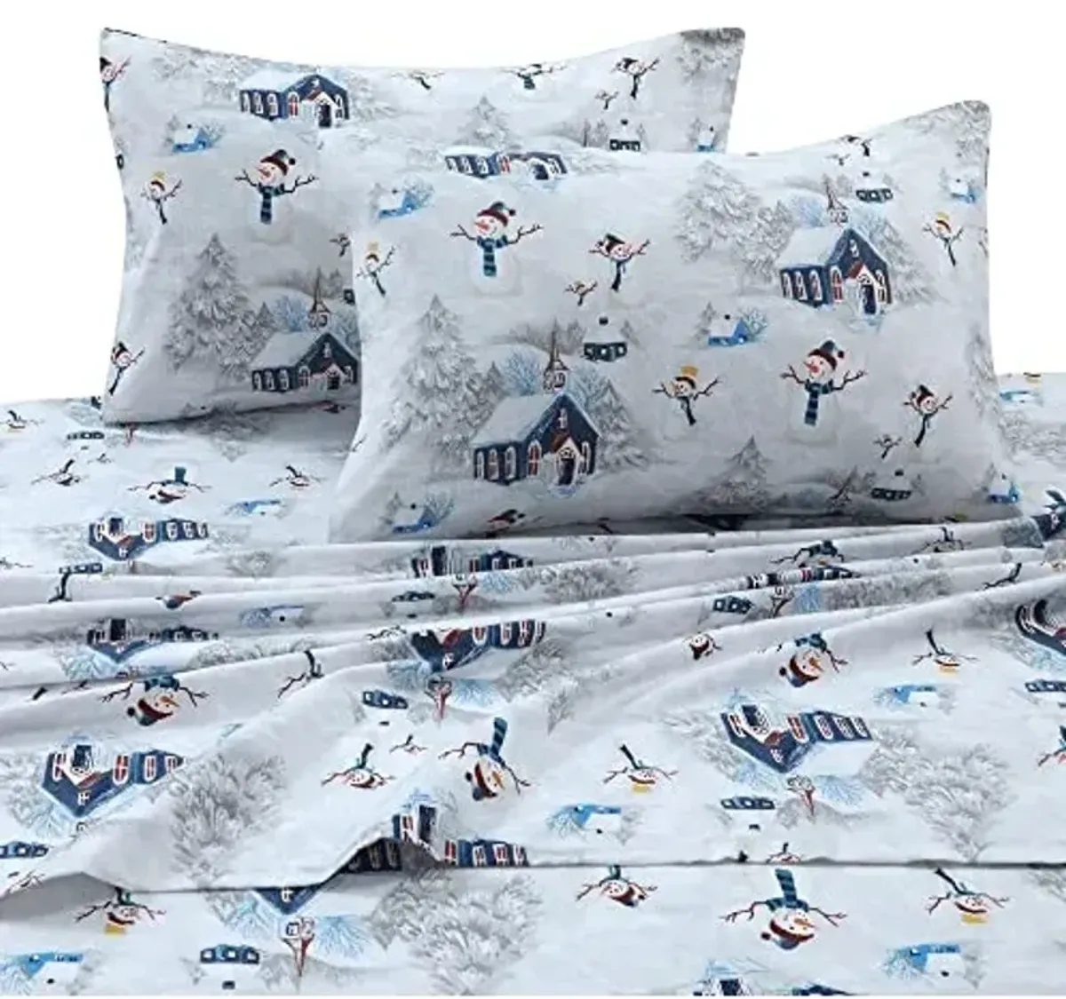 Tribeca Living 100% Cotton Flannel Sheet Set - Deep Pocket, 170-GSM, Ultra Soft & Cozy Bedding for Winter, Full, Snowman Navy/Red