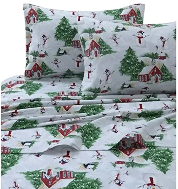 Snowman Printed Flannel 170-GSM Printed DP Sheet Set TWIN XL Navy Red