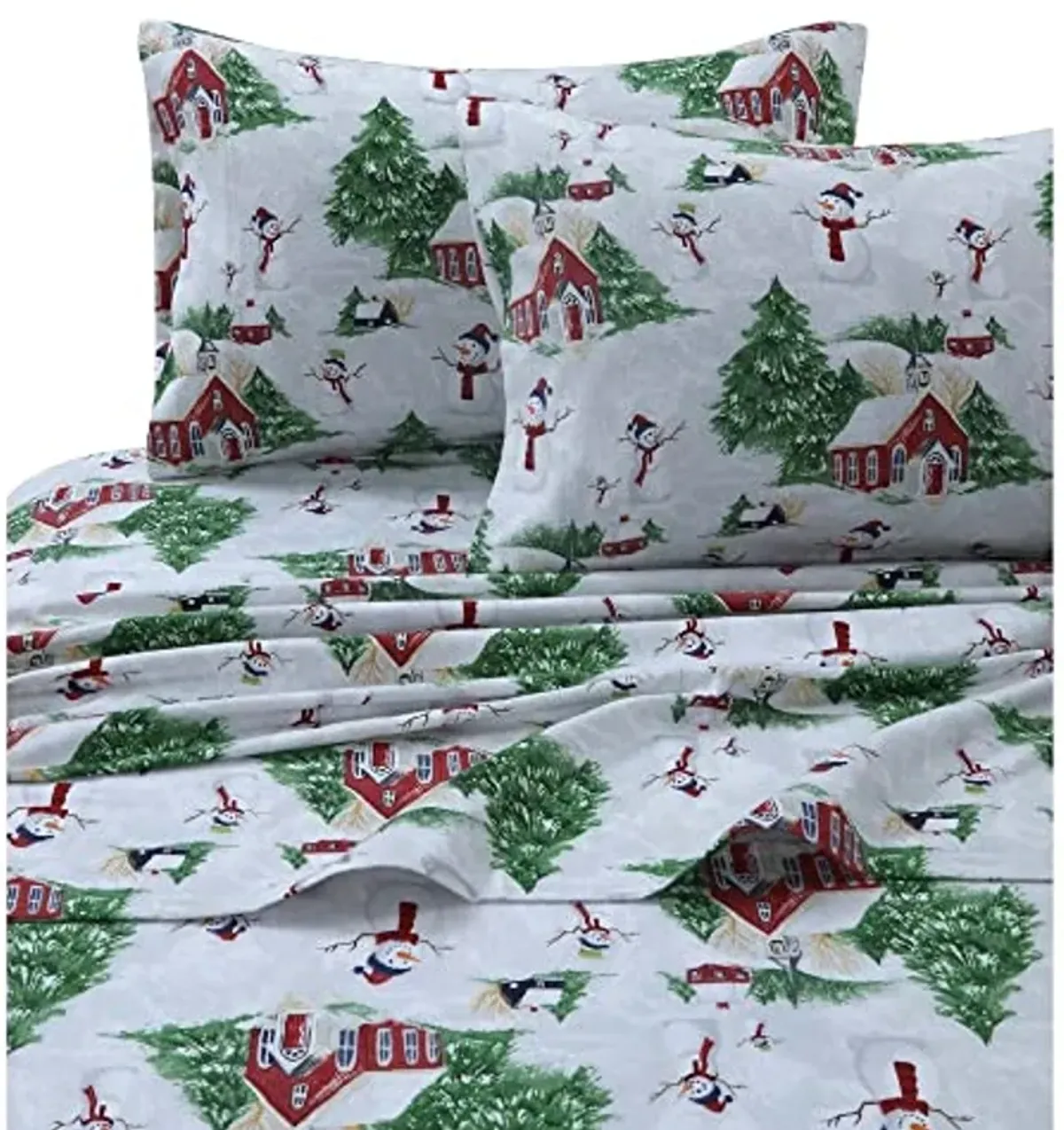 Tribeca Living 100% Cotton Flannel Sheet Set - Deep Pocket, 170-GSM, Ultra Soft & Cozy Bedding for Winter, Twin X-Large, Snowman Red/Green