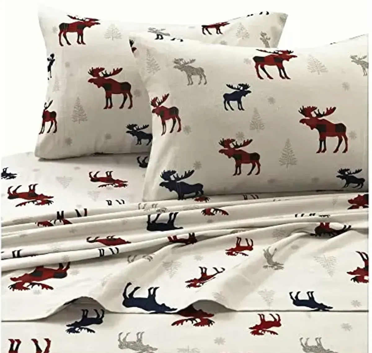 Plaid Reindeer Printed Flannel 170-GSM Solid DP Sheet Set CAL KING