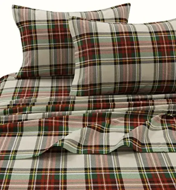 Tribeca Living 100% Cotton Flannel Sheet Set - Deep Pocket, 170-GSM, Ultra Soft & Cozy Bedding for Winter, Queen, Charleston Plaid