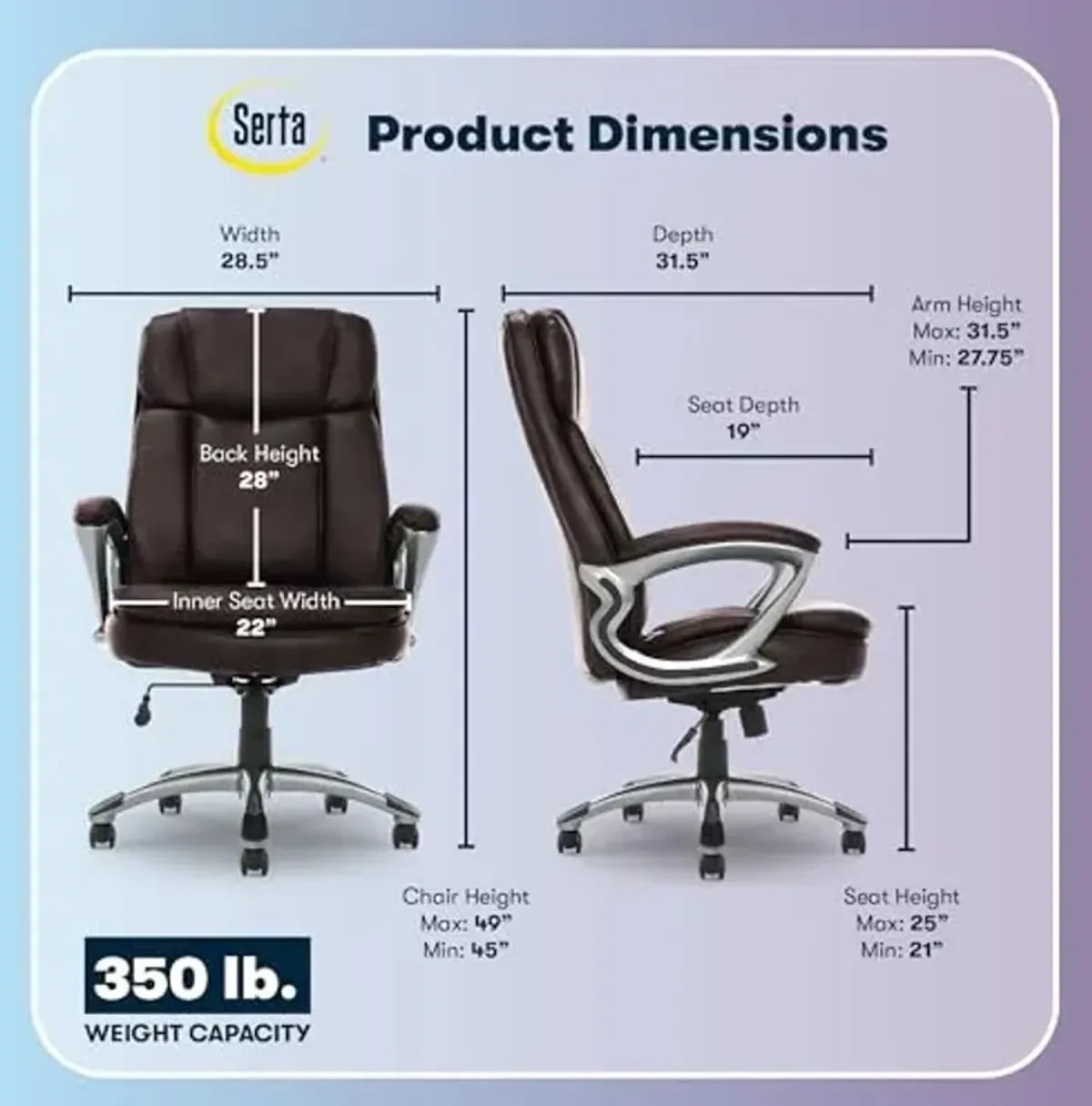 Serta Fairbanks Big & Tall Executive Office Chair, Ergonomic Comfy High-Back ComputerChairs with Lumbar Support, Semi-Plush Seat Cushion, Padded Armrests, Nylon Swivel Base, Bonded Leather, Brown
