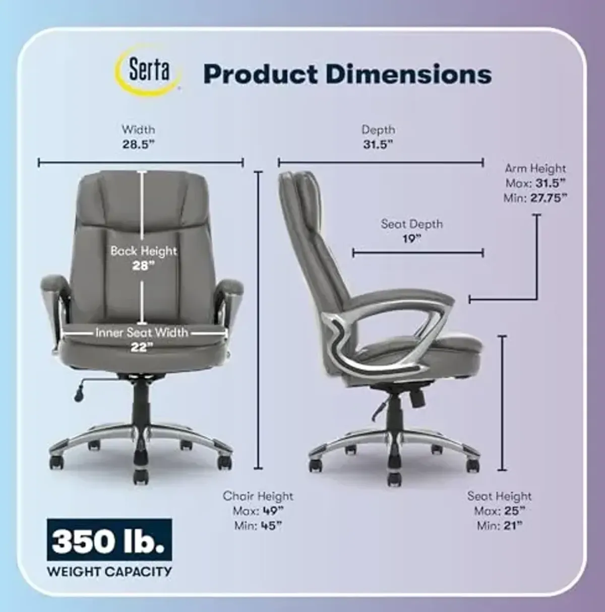 Serta Fairbanks Big & Tall Executive Office Chair, Ergonomic Comfy High-Back ComputerChairs with Lumbar Support, Semi-Plush Seat Cushion, Padded Armrests, Nylon Swivel Base, Bonded Leather, Gray
