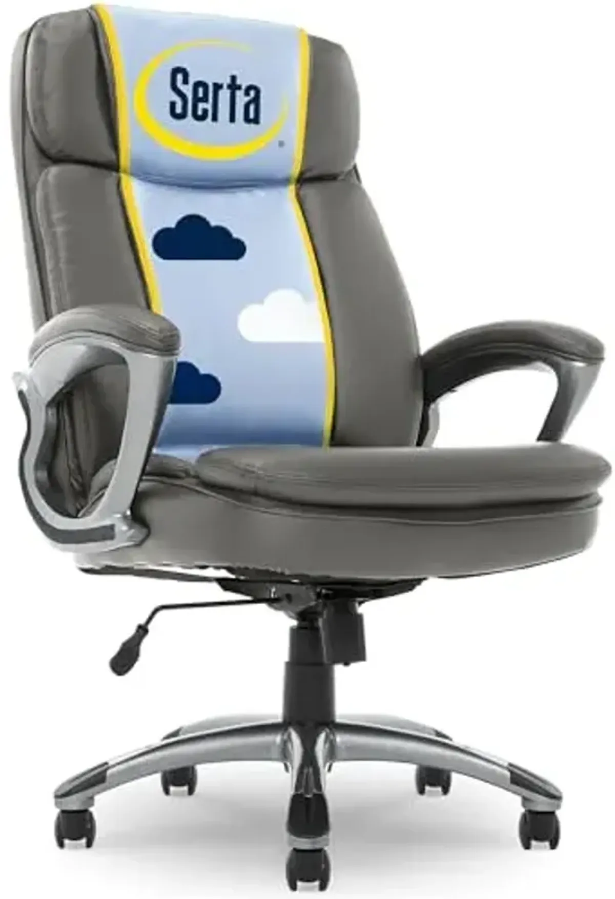 Serta Fairbanks Big & Tall Executive Office Chair, Ergonomic Comfy High-Back ComputerChairs with Lumbar Support, Semi-Plush Seat Cushion, Padded Armrests, Nylon Swivel Base, Bonded Leather, Gray
