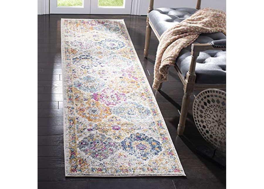 SAFAVIEH Madison Collection 2'3" x 22' Cream / Multi MAD611B Boho Chic Floral Medallion Trellis Distressed Non-Shedding Living Room Bedroom Runner Rug