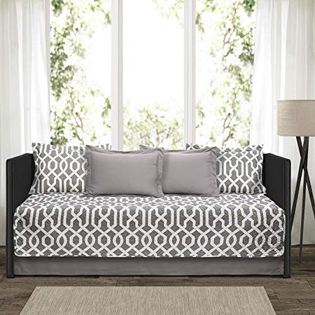 Lush Decor Edward Trellis Patterned 6 Piece Daybed Cover Set Includes Bed Skirt, Pillow Shams and Cases, 75" X 39", Gray and White