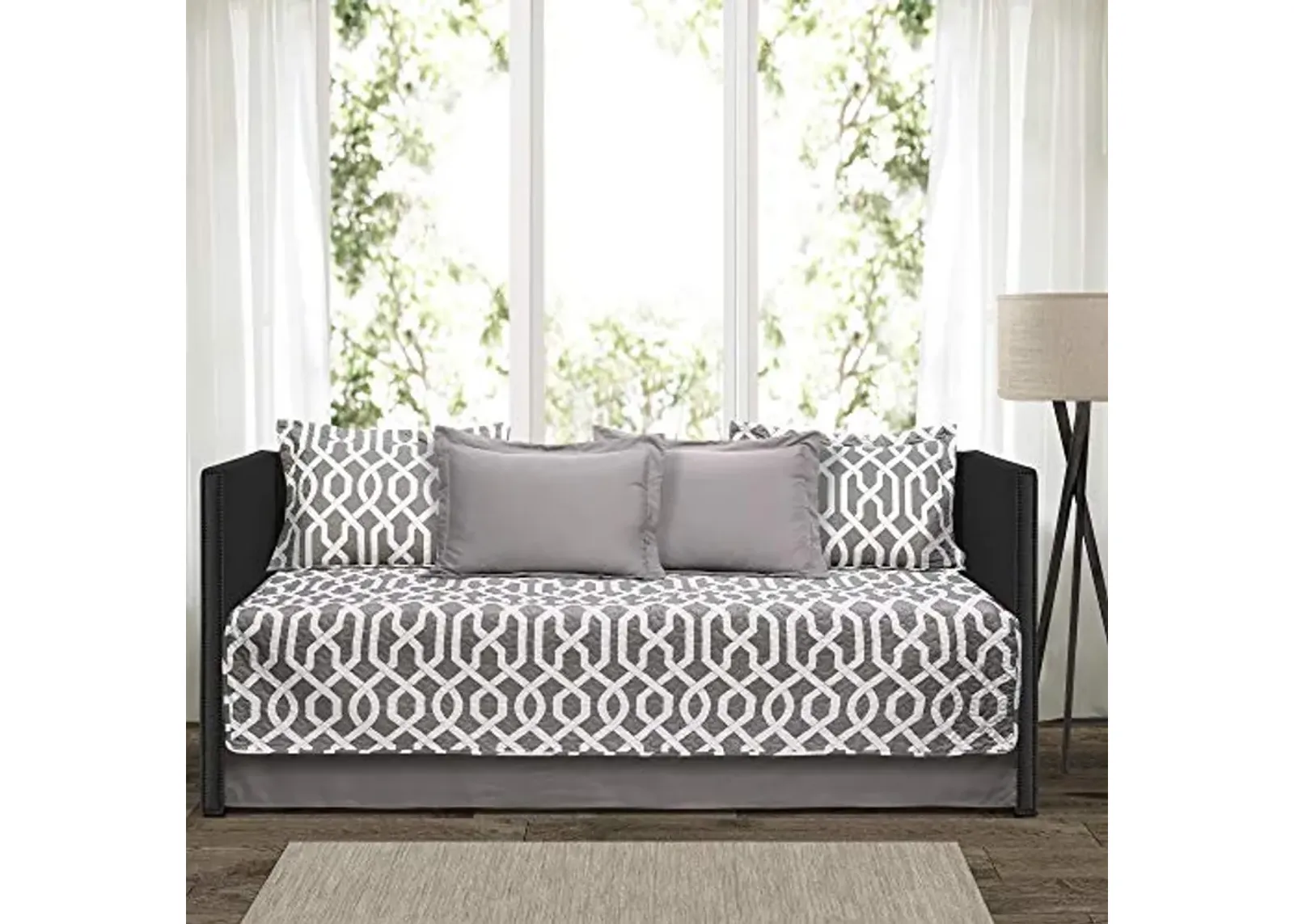 Lush Decor Edward Trellis Patterned 6 Piece Daybed Cover Set Includes Bed Skirt, Pillow Shams and Cases, 75" X 39", Gray and White