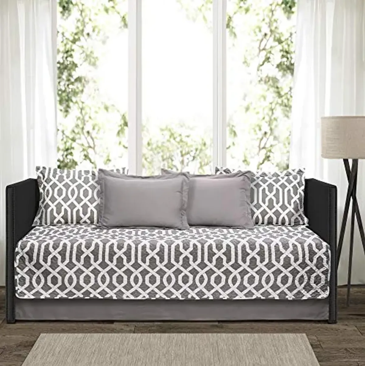 Lush Decor Edward Trellis Patterned 6 Piece Daybed Cover Set Includes Bed Skirt, Pillow Shams and Cases, 75" X 39", Gray and White