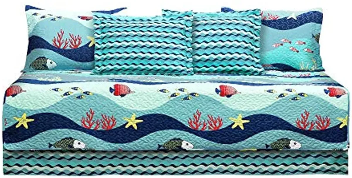 Lush Decor Sea Life Stripe 6 Piece Daybed Cover | Ocean Beach Fish Bedding Set Includes Bed Skirt, Pillow Shams and Cases 75" X 39", Blue