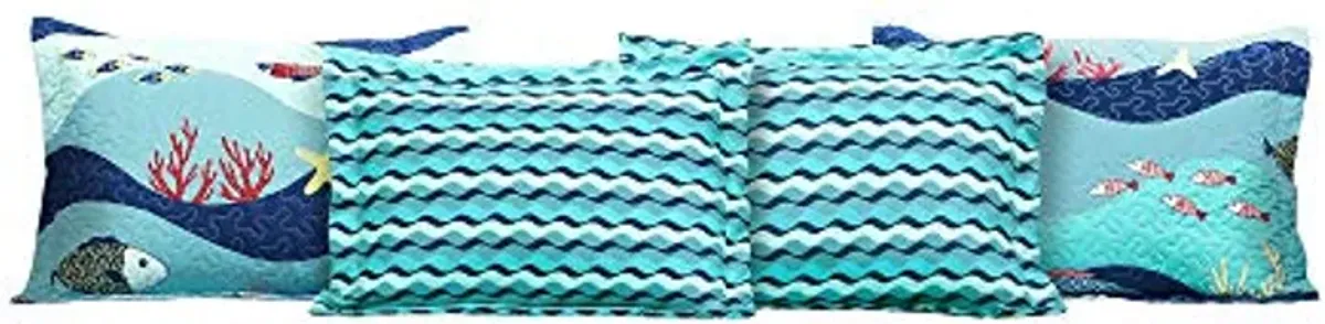 Lush Decor Sea Life Stripe 6 Piece Daybed Cover | Ocean Beach Fish Bedding Set Includes Bed Skirt, Pillow Shams and Cases 75" X 39", Blue