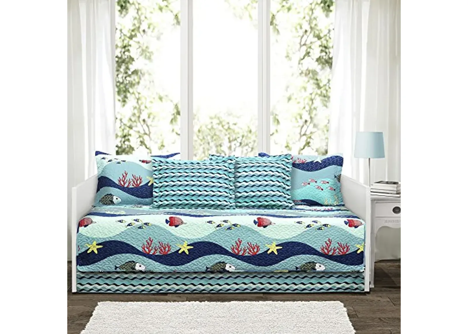 Lush Decor Sea Life Stripe 6 Piece Daybed Cover | Ocean Beach Fish Bedding Set Includes Bed Skirt, Pillow Shams and Cases 75" X 39", Blue