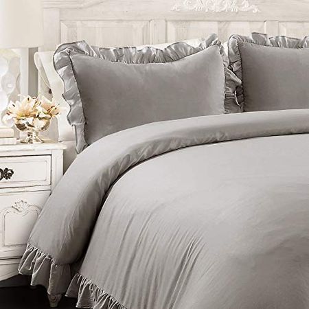 Lush Decor Reyna 3-Piece Ruffled Comforter Bedding Set with Pillow Shams, King, Gray
