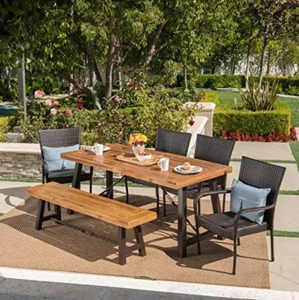 Christopher Knight Home Salla Outdoor Acacia Wood Dining Set with Wicker Stacking Chairs, 6-Pcs Set, Teak Finish / Rustic Metal / Multibrown