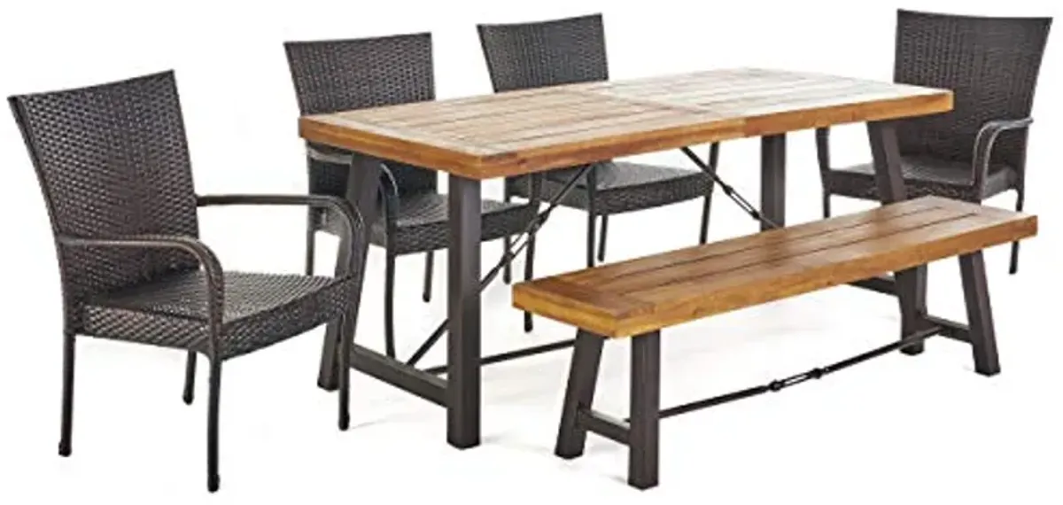 Christopher Knight Home Salla Outdoor Acacia Wood Dining Set with Wicker Stacking Chairs, 6-Pcs Set, Teak Finish / Rustic Metal / Multibrown