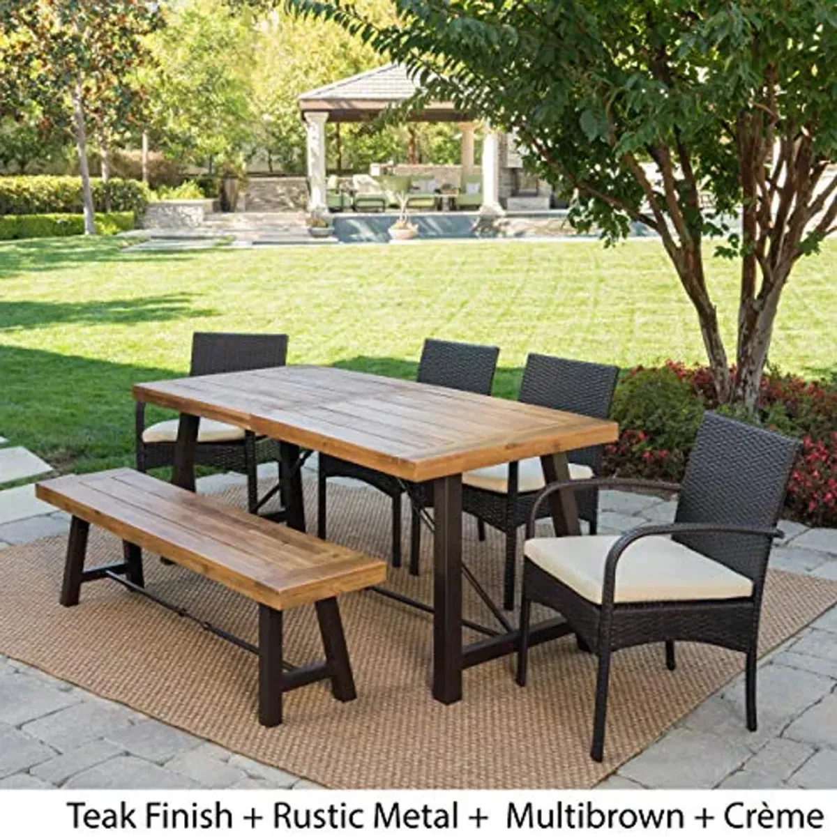 Christopher Knight Home Betsys Outdoor Acacia Wood Dining Set with Wicker Dining Chairs and Water Resistant Cushions, 6-Pcs Set, Teak Finish / Rustic Metal / Multibrown / Crème