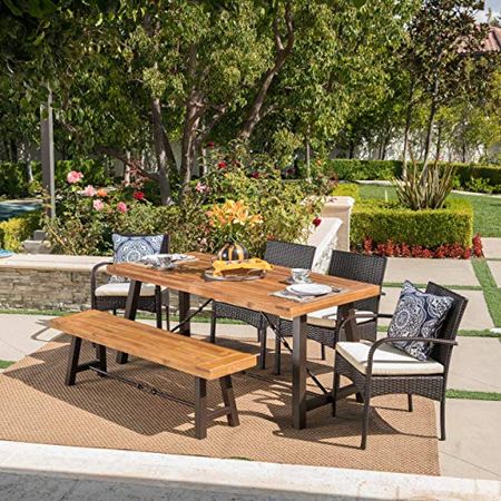 Christopher Knight Home Betsys Outdoor Acacia Wood Dining Set with Wicker Dining Chairs and Water Resistant Cushions, 6-Pcs Set, Teak Finish / Rustic Metal / Multibrown / Crème