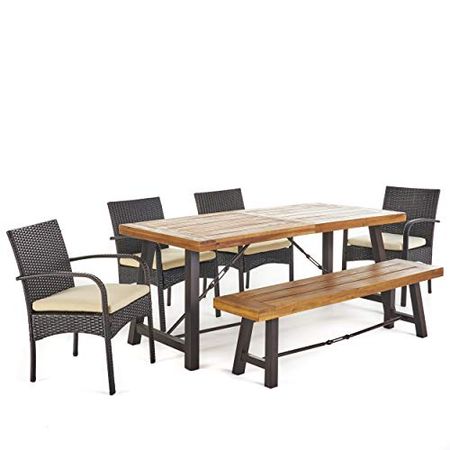 Christopher Knight Home Betsys Outdoor Acacia Wood Dining Set with Wicker Dining Chairs and Water Resistant Cushions, 6-Pcs Set, Teak Finish / Rustic Metal / Multibrown / Crème