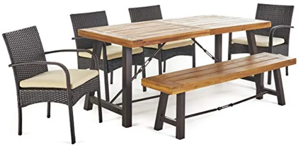 Christopher Knight Home Betsys Outdoor Acacia Wood Dining Set with Wicker Dining Chairs and Water Resistant Cushions, 6-Pcs Set, Teak Finish / Rustic Metal / Multibrown / Crème