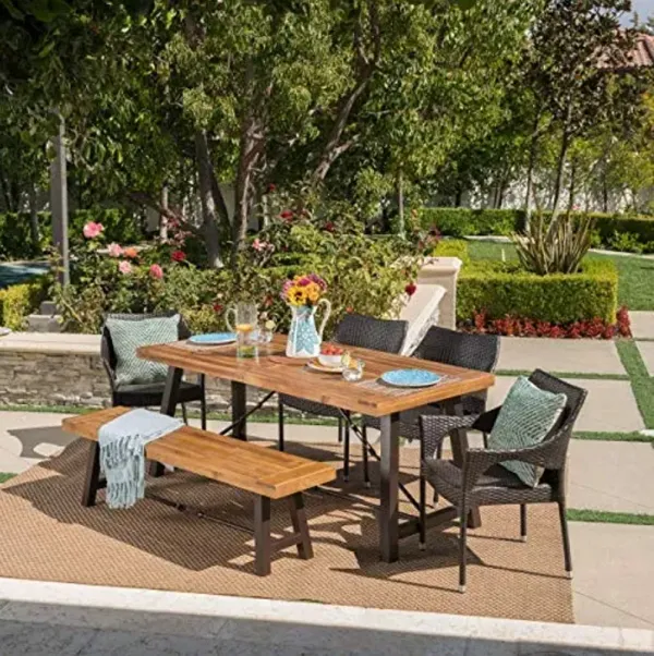 Christopher Knight Home Morley Outdoor Acacia Wood Dining Set with Wicker Stacking Chairs, 6-Pcs Set, Teak Finish / Rustic Metal / Multibrown