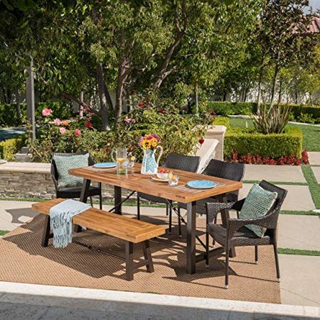 Christopher Knight Home Morley Outdoor Acacia Wood Dining Set with Wicker Stacking Chairs, 6-Pcs Set, Teak Finish / Rustic Metal / Multibrown