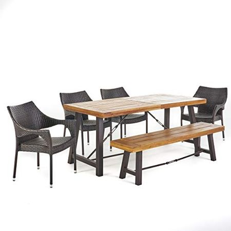 Christopher Knight Home Morley Outdoor Acacia Wood Dining Set with Wicker Stacking Chairs, 6-Pcs Set, Teak Finish / Rustic Metal / Multibrown
