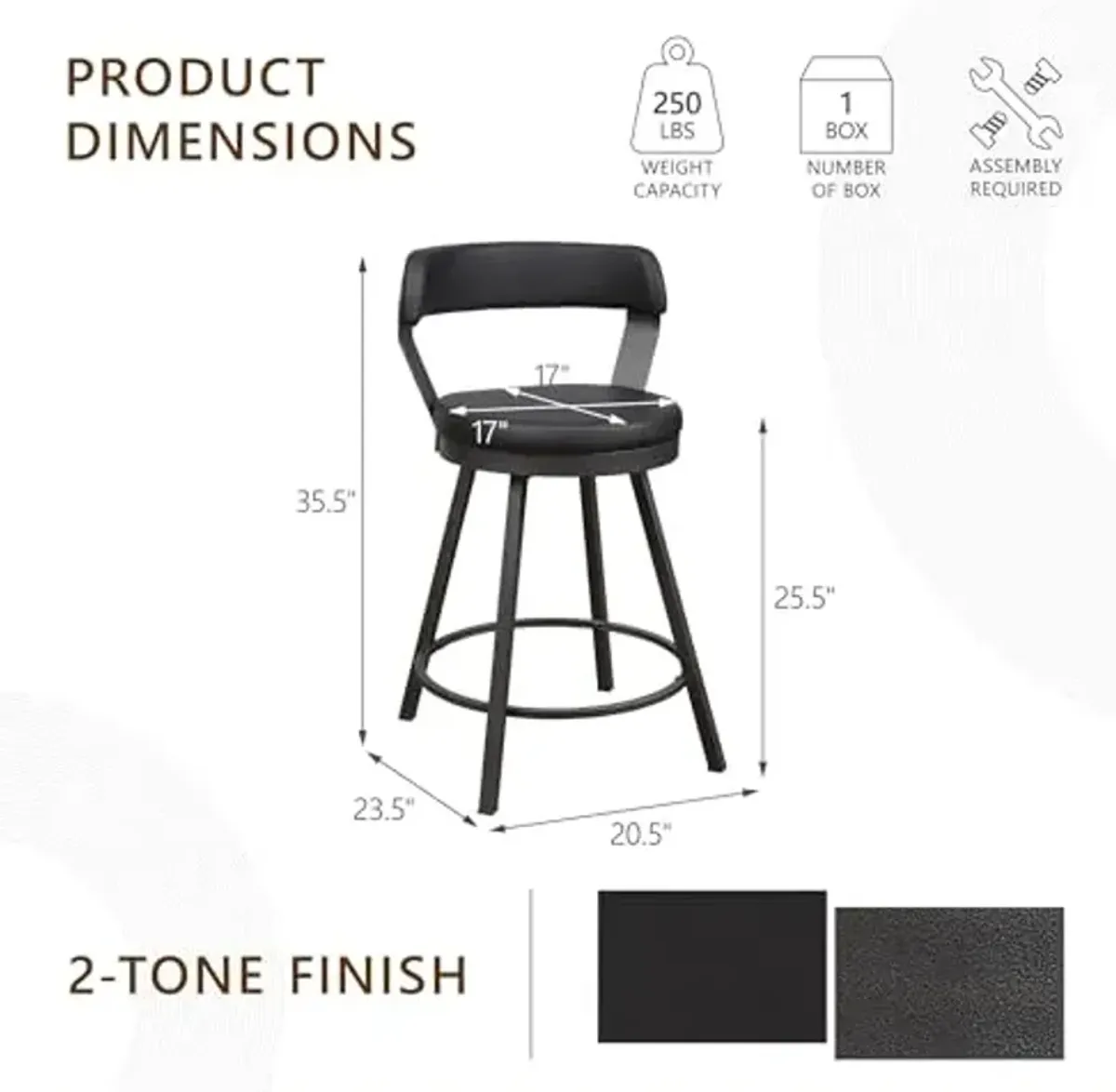Homelegance Appert Swivel Bar Stools, Upholstered Faux Leather Seat, Back, Metal Frame, Legs, Footrest Counter Height Chair (Set of 2), 25 in SH, Black