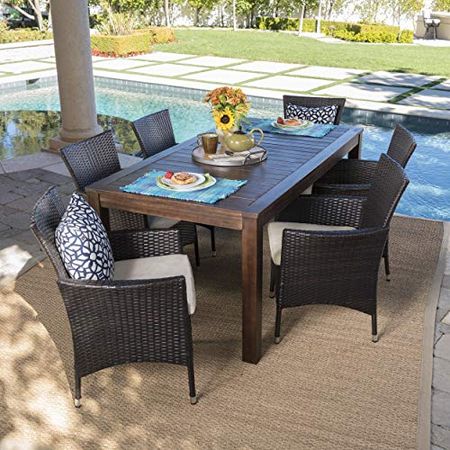 Christopher Knight Home Christine Outdoor Dining set with Wood Table and Wicker Dining Chairs with Water Resistant Cushions, 7-Pcs Set, Dark Brown / Multibrown / Beige