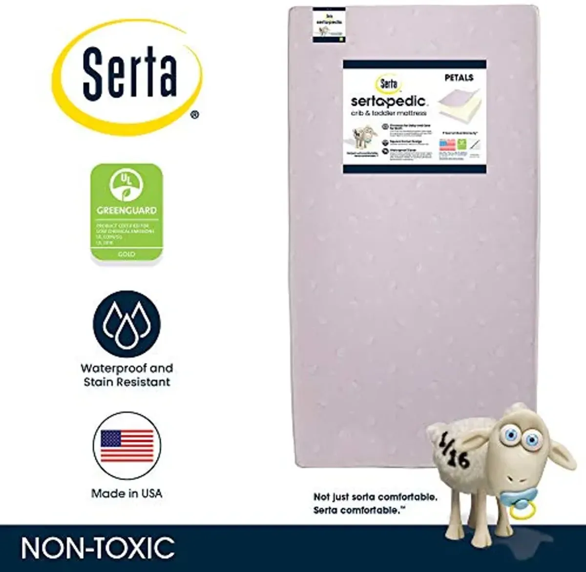 Serta Sertapedic Petals Dual Sided Premium Recycled Fiber Core Crib and Toddler Mattress - Waterproof - GREENGUARD Gold Certified - Trusted 7 Year Warranty - Made in USA, Pink