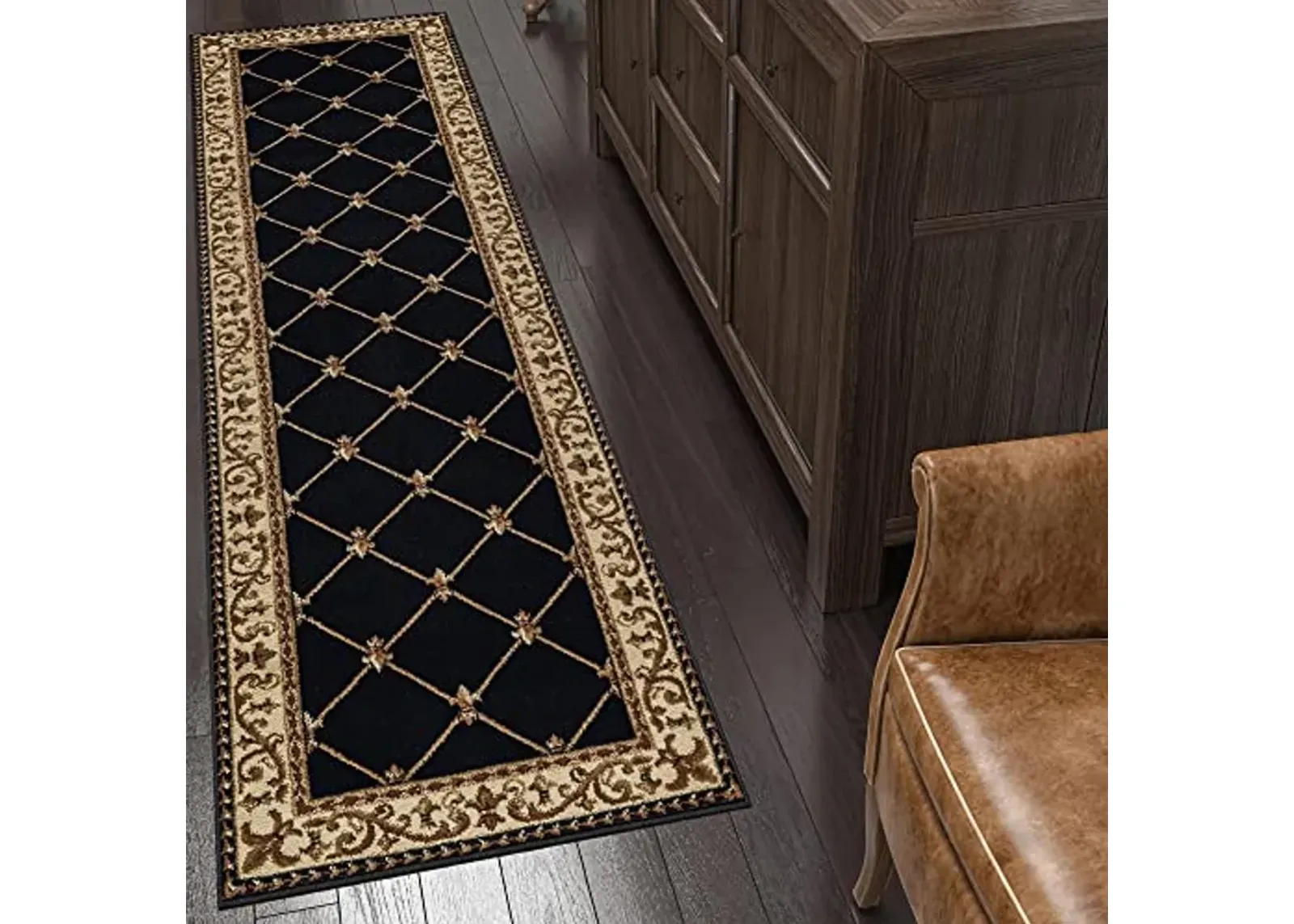 Orleans Traditional Border Black Runner Rug, 2' x 10'