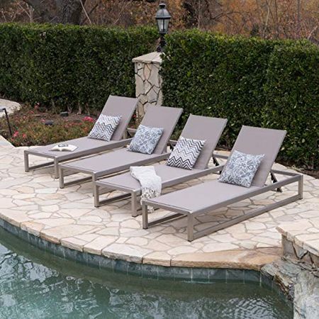 Christopher Knight Home Chloe Outdoor Mesh Chaise Lounge with Aluminum Frame, 4-Pcs Set, Grey / Silver