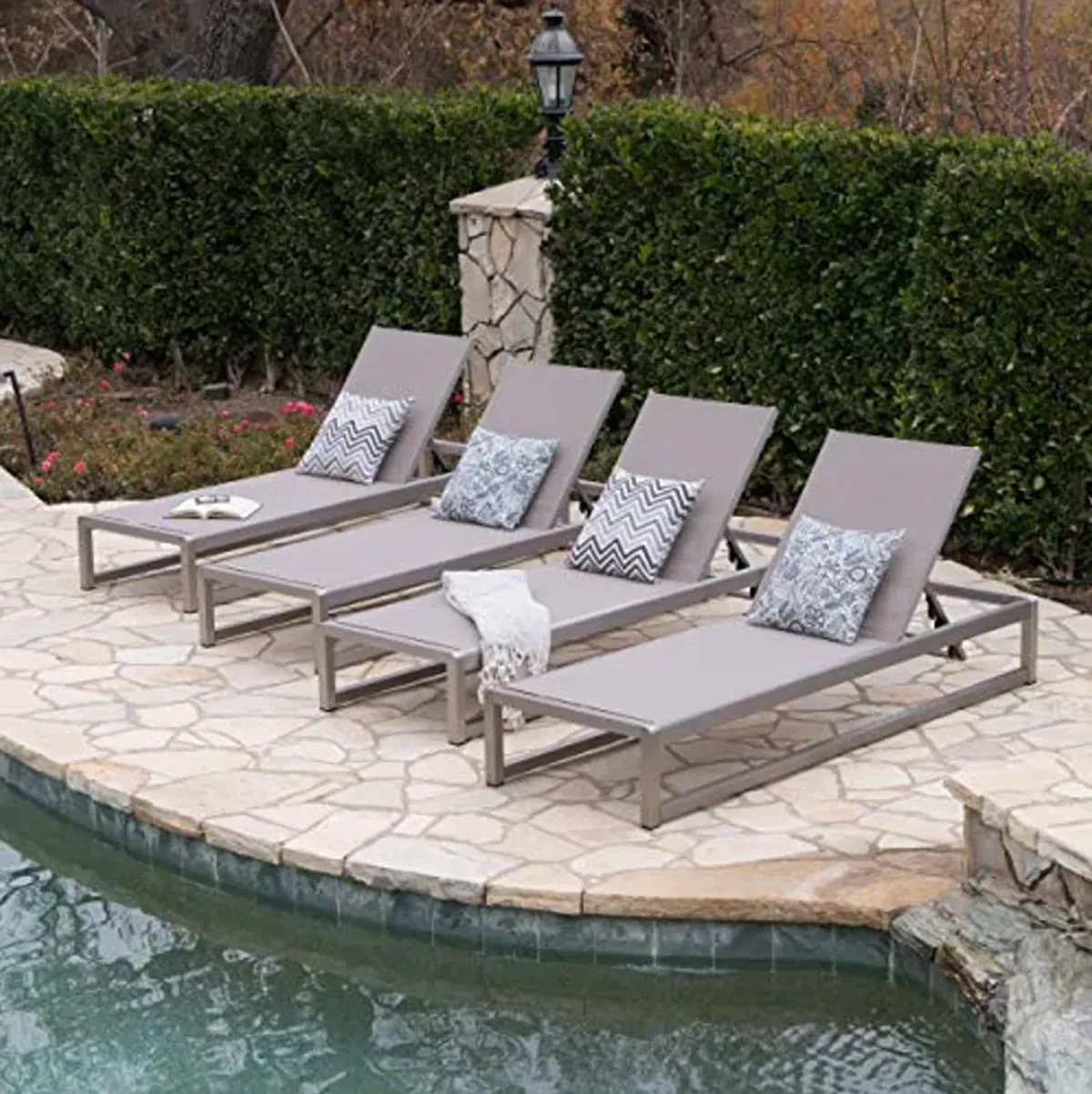 Christopher Knight Home Chloe Outdoor Mesh Chaise Lounge with Aluminum Frame, 4-Pcs Set, Grey / Silver