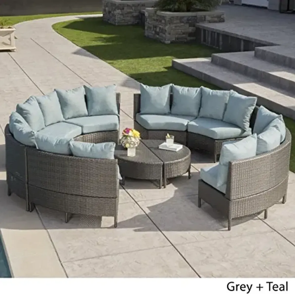 Christopher Knight Home Newton Outdoor 16-Seater Wicker Sectional Sofa Set with Water Resistant Cushions, Grey / Teal