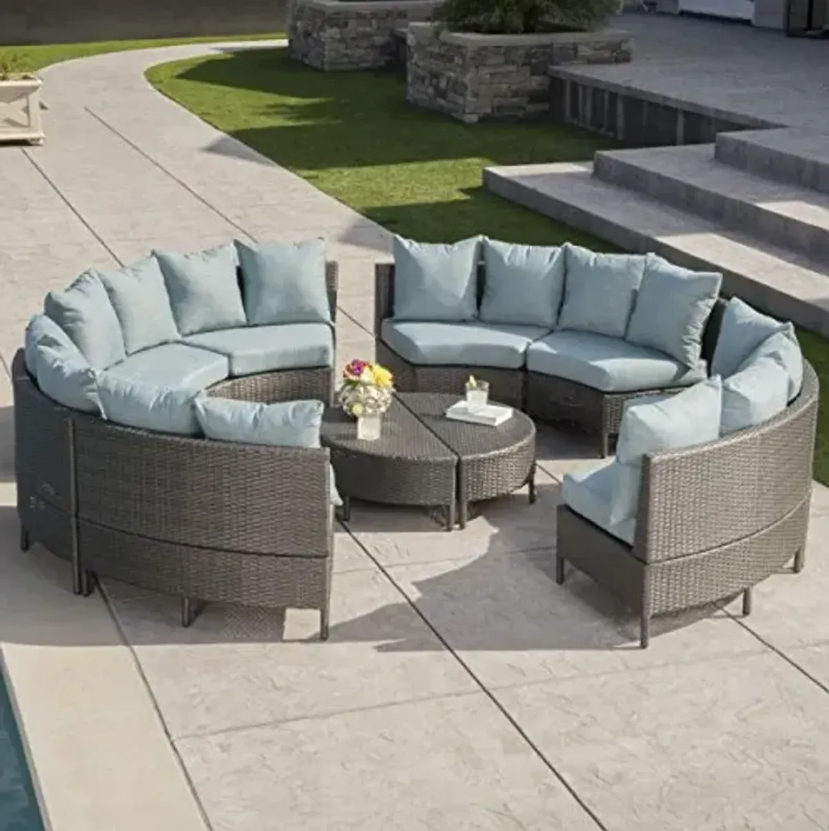 Christopher Knight Home Newton Outdoor 16-Seater Wicker Sectional Sofa Set with Water Resistant Cushions, Grey / Teal