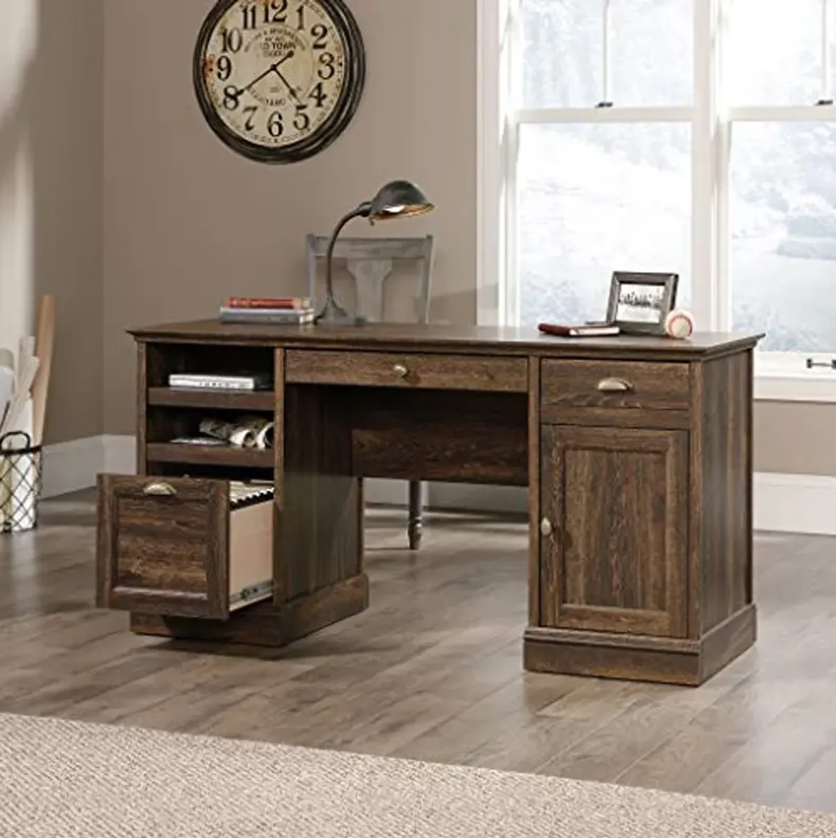 Sauder Barrister Lane Executive Desk, L: 59.06" x W: 21.18" x H: 29.8", Iron Oak finish