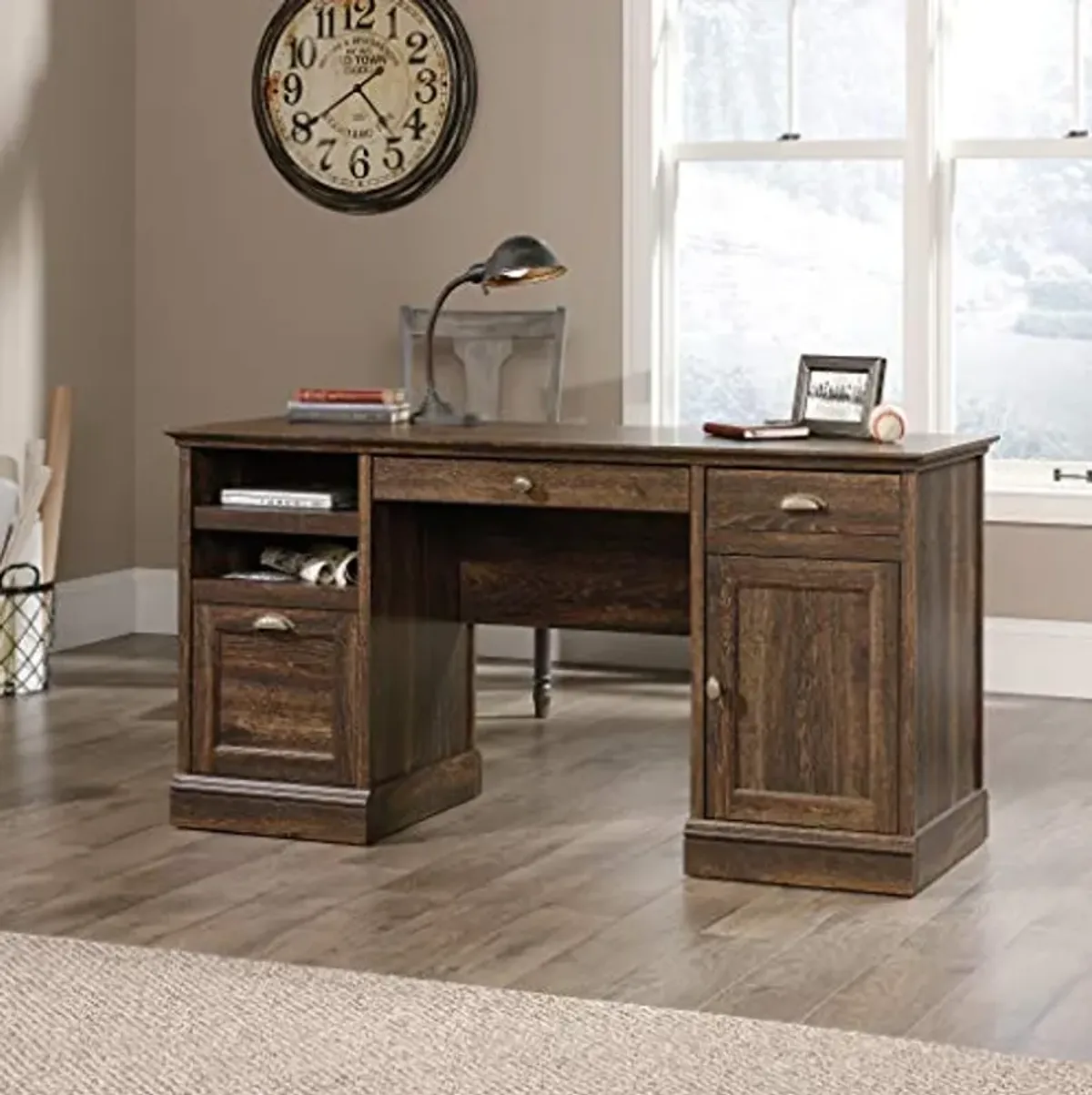 Sauder Barrister Lane Executive Desk, L: 59.06" x W: 21.18" x H: 29.8", Iron Oak finish