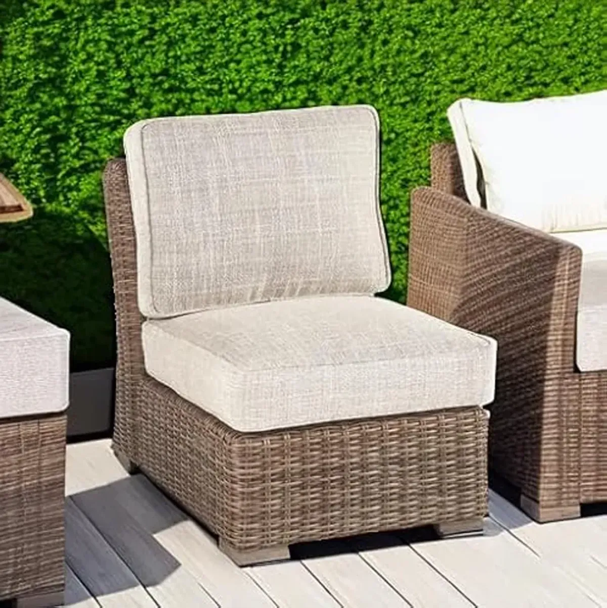 Signature Design by Ashley Beachcroft Patio Farmhouse Outdoor Wicker Cushioned Armless Chair, Beige, (P791-846)