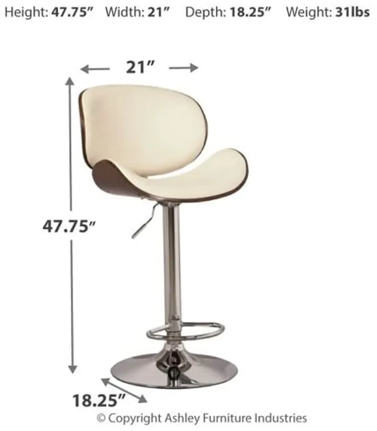 Signature Design by Ashley Bellatier Mid-Century Modern 34" Adjustable Height Curved Bar Stool, Brown & White