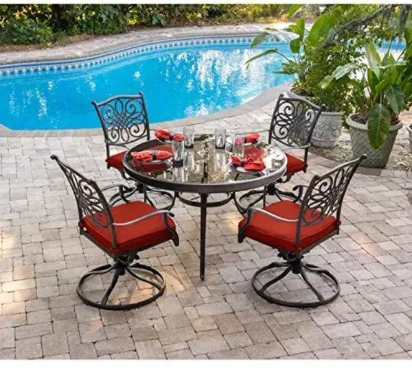 Hanover Traditions 5-Piece Outdoor Dining Set with 4 Swivel Rockers, Cushions and 47 in. Glass-top Table, All-Weather, UV Protected, Patio Dining Set for 4 for Backyard, Patio, Deck, Porch