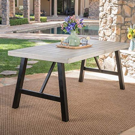Christopher Knight Home Borocay Outdoor Acacia Wood Dining Table, Light Grey Wash Pu / Pu/Black