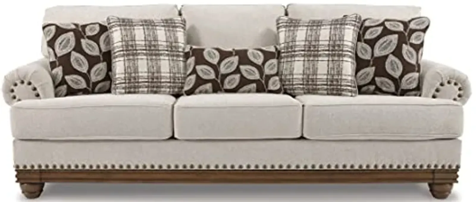 Signature Design by Ashley Harleson Modern Farmhouse Sofa with Nailhead Trim and 5 Accent Pillows, Beige