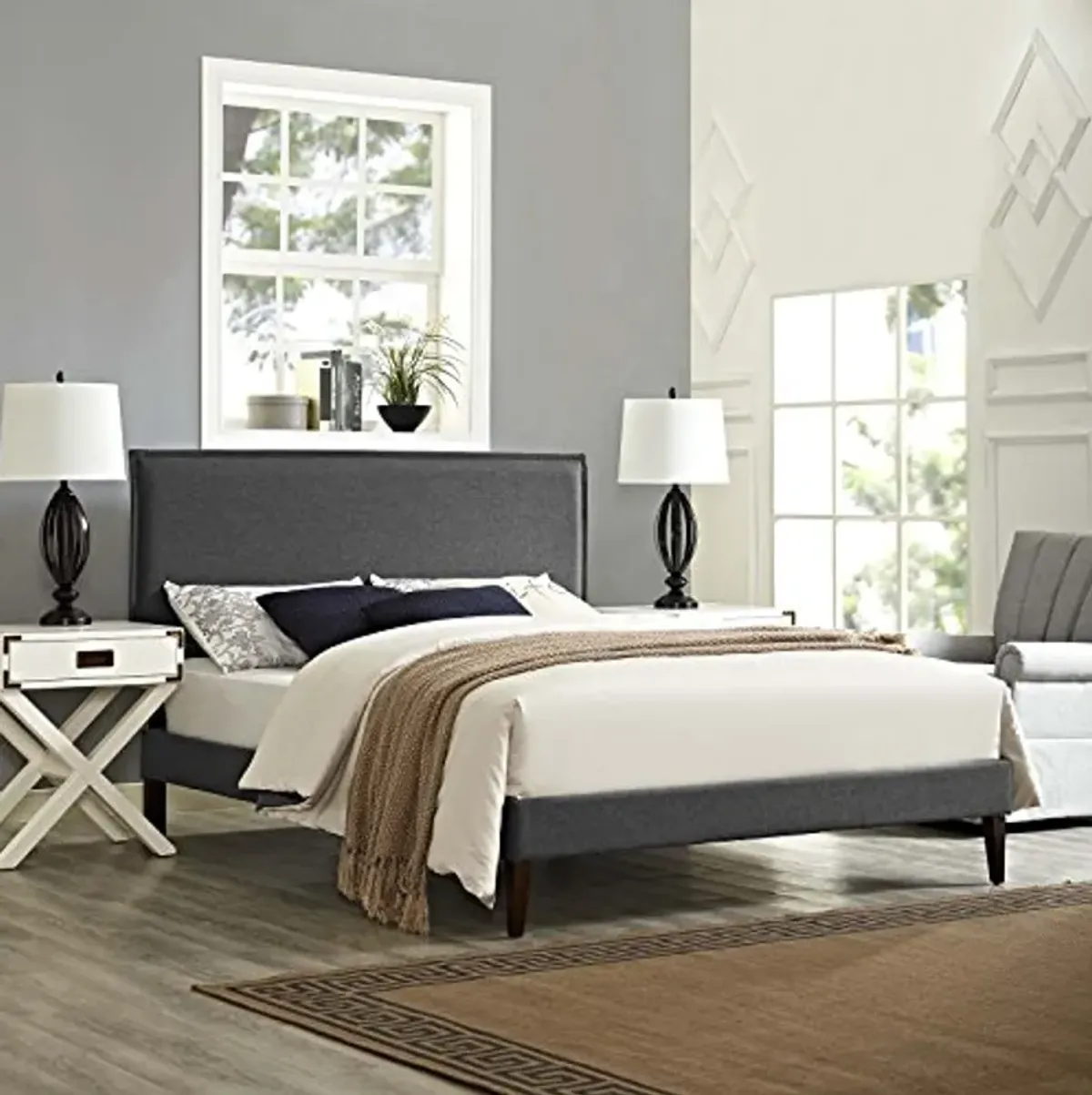 Modway Amaris Upholstered Full Platform Bed Frame in Gray With Tapered Legs